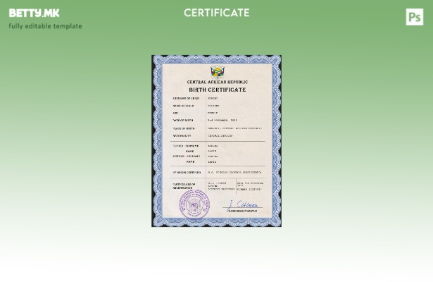 Модерен стил шаблон за извод од матична книга на родените во Централна Африканск